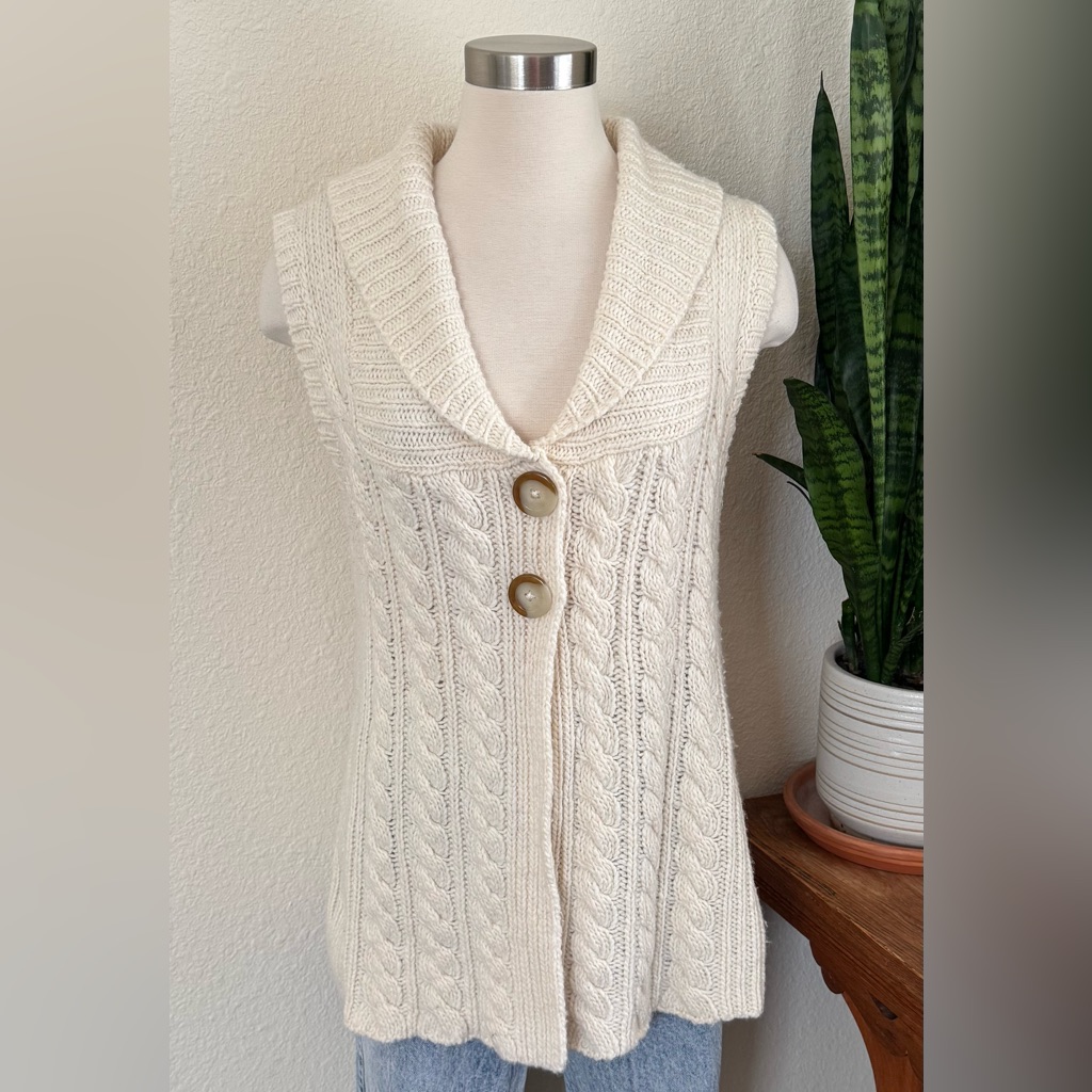 Vintage Cable Knit Sweater Vest Shawl Collar Wool Blend Large